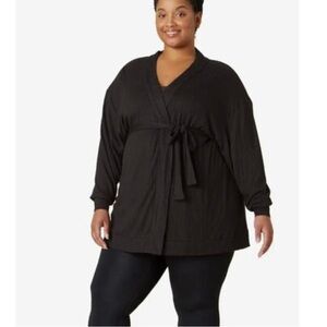 Beyond Yoga Coffee Run Ribbed Tie Waist Cardigan Black 1X Casual Lounge Cozy
